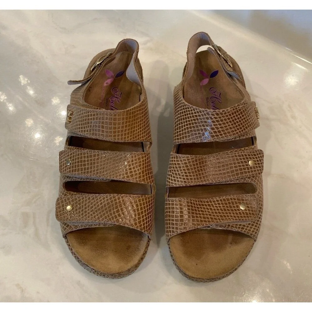 Helle Spain Leather Comfort Sandals Tan Strappy Wedge Slingback Size 9 EUC‎
